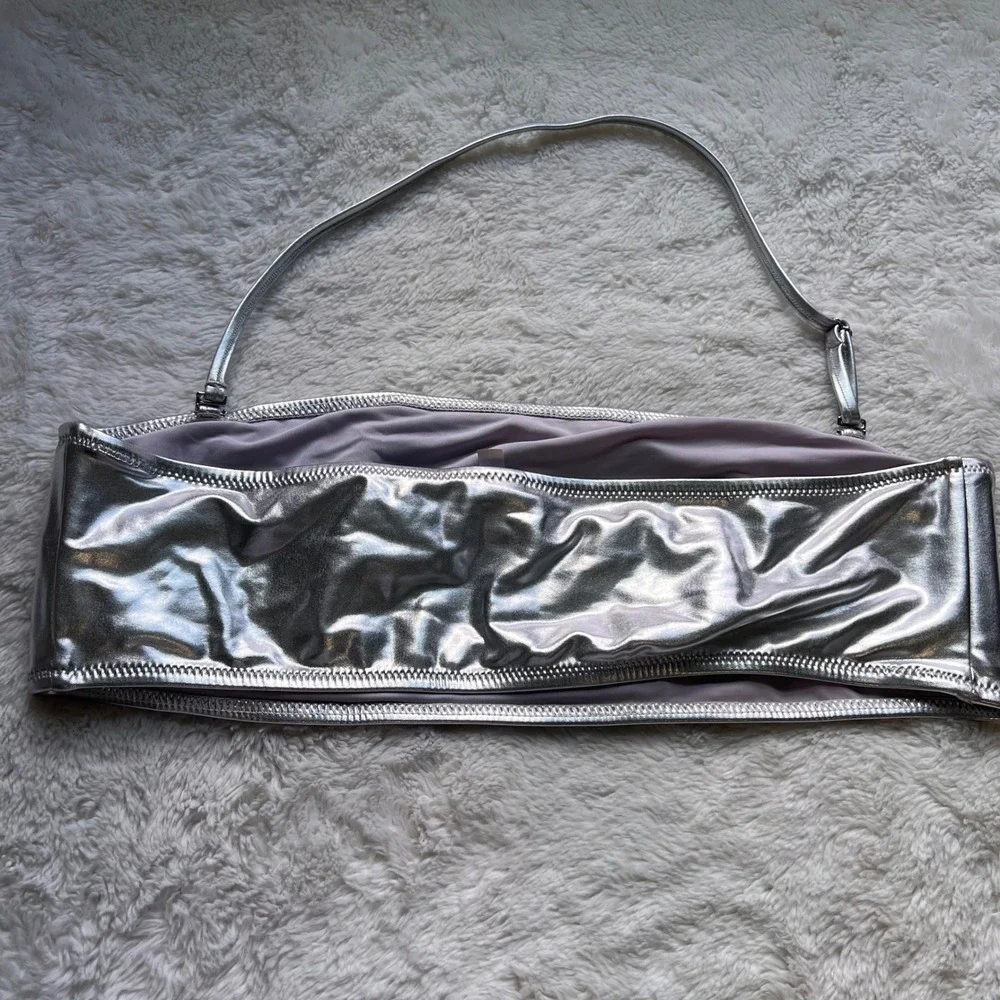 SKIMS Metallic Swim Bandeau Top Silver Adjustable Strap Size 2X RN158973 NWOT